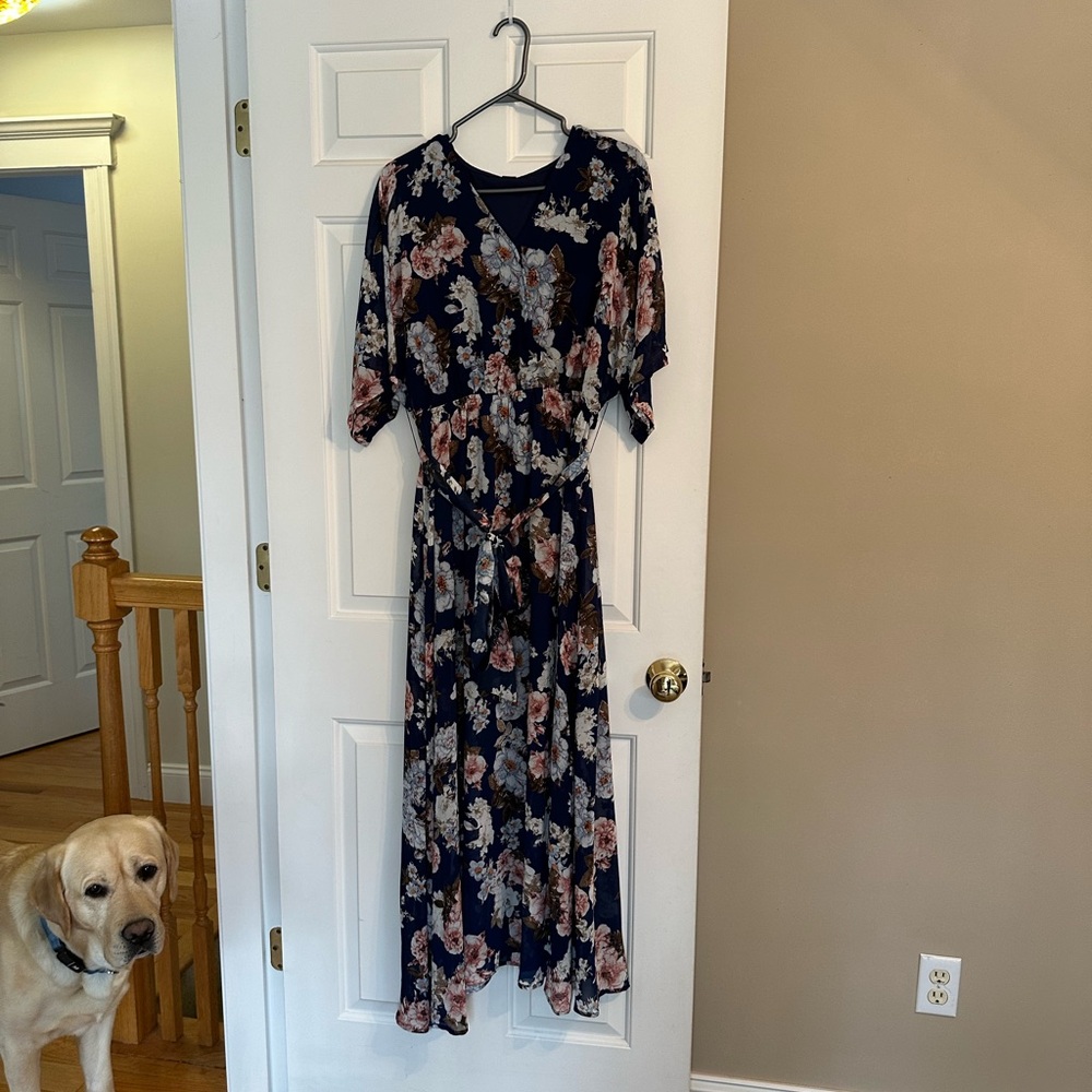 Navy Floral Wrap Maxi Dress with Self-Tie Waist